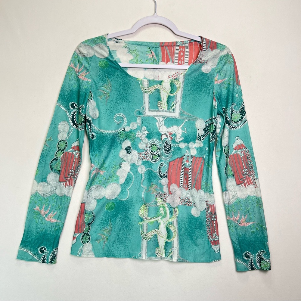 Vintage Art Deco Novelty Print Top Artistic Surreal Graphic Long Sleeve Sz Small